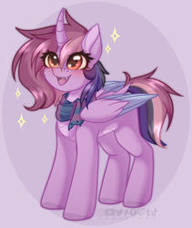 Size: 1584x1878 | Tagged: safe, artist:sparkie45, oc, oc only, oc:sparkie, alicorn, hybrid, pony, accessory, alicorn oc, clothes, colored wings, fangs, female, horn, mare, orange eyes, pony dragon hybrid, scarf, simple background, smiling, solo, sparkles, two toned wings, wings