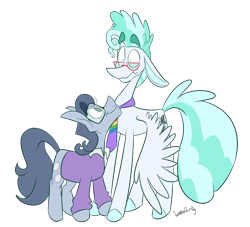 Size: 1323x1200 | Tagged: safe, artist:vampiredrooling, feather flatterfly, silver shill, earth pony, pegasus, pony, g4, colored hooves, duo, floppy ears, glasses, male, necktie, simple background, stallion, transparent background