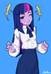 Size: 4134x5906 | Tagged: safe, artist:田园锄串子, twilight sparkle, human, equestria girls, g4, blinking, blue background, breasts, clothes, cute, delicious flat chest, female, flatlight sparkle, formal wear, humanized, japanese, laughing, one eye closed, simple background, skirt, small breasts, solo, sticker, tanabata festival, twiabetes, wink