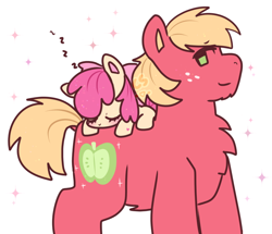 Size: 886x761 | Tagged: safe, artist:cutiesparke, apple bloom, big macintosh, earth pony, pony, g4, adorabloom, apple bloom riding big macintosh, apple bloom's bow, bow, brother and sister, chest fluff, cute, duo, eyes closed, female, freckles, green eyes, hair bow, hoof heart, lightly watermarked, lying down, lying on top of someone, macabetes, male, onomatopoeia, ponies riding ponies, riding, siblings, sleeping, sound effects, sparkles, standing, watermark, zzz
