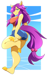 Size: 2800x4400 | Tagged: safe, artist:abysswatchers, oc, oc only, earth pony, anthro, unguligrade anthro, ass, breasts, butt, clothes, earth pony oc, female, midriff, shorts, smiling, solo