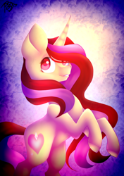 Size: 1200x1700 | Tagged: safe, artist:prettyshinegp, oc, oc only, pony, unicorn, abstract background, horn, rearing, signature, smiling, solo, unicorn oc