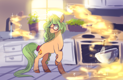 Size: 1224x792 | Tagged: safe, artist:aquagalaxy, oc, oc only, oc:honey nevaeh, pony, unicorn, cooking, glasses, kitchen, solo