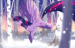 Size: 1224x792 | Tagged: safe, artist:aquagalaxy, twilight sparkle, alicorn, pony, g4, eyes closed, flying, forest, sketch, smiling, snow, snowfall, solo, spread wings, twilight sparkle (alicorn), wings, winter