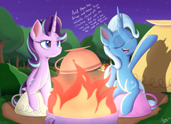 Size: 2000x1450 | Tagged: safe, artist:arcane-thunder, starlight glimmer, sunburst, trixie, pony, unicorn, g4, atg 2022, campfire, dialogue, duo focus, eyes closed, female, forest, male, mare, newbie artist training grounds, night, open mouth, open smile, sitting, smiling, stallion, starlight glimmer is not amused, stars, teacup, tent, that pony sure does love teacups, trio, unamused