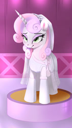 Size: 1080x1920 | Tagged: safe, artist:darksly, sweetie belle, pony, unicorn, g4, atg 2022, clothes, dress, female, lidded eyes, mare, newbie artist training grounds, older, older sweetie belle, smiling, solo, wedding dress