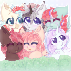 Size: 2040x2040 | Tagged: safe, artist:saltyvity, oc, earth pony, kirin, pegasus, pony, unicorn, blue background, blue body, blue eyes, blushing, bush, chibi, commission, cute, cute smile, ear fluff, embarrassed, fluffy, gray, grey hair, hat, high res, licking, licking lips, pink body, purple eyes, purple hair, red hair, simple background, six fanarts, tongue out