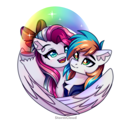 Size: 2500x2500 | Tagged: safe, artist:stesha, oc, oc only, oc:sky sorbet, oc:twister joy, pegasus, pony, g4, blue eyes, blushing, bow, bust, chest fluff, clothes, cute, female, green eyes, hair bow, high res, looking at something, male, mare, multicolored mane, oc x oc, open mouth, open smile, pegasus oc, rainbow, raised hoof, shipping, simple background, smiling, stallion, two toned mane, white background, wings