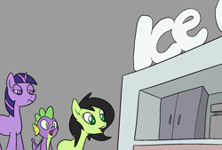 Size: 1602x1080 | Tagged: safe, artist:happy harvey, spike, twilight sparkle, oc, oc:filly anon, dragon, earth pony, pony, unicorn, g4, annoyed, cash register, colored pupils, excited, female, filly, foal, food, freezer, gray background, ice cream, male, mare, phone drawing, poggers, simple background