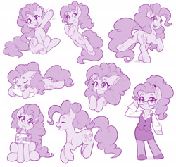 Size: 1920x1821 | Tagged: safe, artist:dstears, pinkie pie, earth pony, pony, semi-anthro, g4, adjusting glasses, alternate hairstyle, arm hooves, blouse, bust, butt, clothes, cute, diapinkes, eyes closed, female, flustered, glasses, head tilt, hooves to the chest, looking at you, looking back, looking back at you, lying down, monochrome, mouth hold, multeity, open mouth, open smile, pillow, plot, profile, prone, raised hoof, raised leg, shoes, sign, simple background, sitting, skirt, sleeping, smiling, standing, too much pink energy is dangerous, vest, waving, waving at you, white background