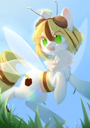 Size: 2900x4096 | Tagged: safe, artist:dreamsugar, oc, oc only, bee, insect, pony, antennae, eye clipping through hair, female, grass, mare, open mouth, outdoors, solo, wings