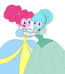 Size: 1024x1156 | Tagged: safe, artist:rarity525, pinkie pie, oc, oc:jemimasparkle, human, equestria girls, g4, cinderella, clothes, dress, evening gloves, female, gloves, gown, jetlag productions, lesbian, long gloves, looking at each other, looking at someone, poofy shoulders, shipping, simple background, smiling, transparent background
