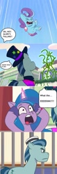 Size: 942x2873 | Tagged: safe, edit, edited screencap, screencap, glory (g5), izzy moonbow, rufus, earth pony, pegasus, pony, unicorn, g5, my little pony: tell your tale, nightmare roommate, one trick pony (episode), spoiler:g5, spoiler:my little pony: tell your tale, spoiler:tyts01e04, spoiler:tyts01e20, bad end, bars, bow, bracelet, comic, falling, female, filly, foal, friendship bracelet, hat, i've seen enough hentai to know where this is going, jail, jewelry, male, mare, screaming, screencap comic, speech bubble, stallion, tail, tail bow, top hat, vine