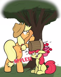 Size: 2018x2511 | Tagged: safe, artist:aaathebap, apple bloom, applejack, earth pony, pony, g4, apple, apple family member, basket, bushel basket, derp, food, high res, tree, wide eyes