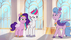 Size: 600x338 | Tagged: safe, screencap, pipp petals, queen haven, zipp storm, pegasus, pony, g5, my little pony: tell your tale, queens for a day, spoiler:g5, spoiler:my little pony: tell your tale, spoiler:tyts01e17, animated, female, frown, hug, mare, mother and child, mother and daughter, royal sisters (g5), siblings, sisters, trio, trio female
