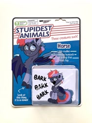 Size: 1154x1536 | Tagged: safe, artist:allicoot, oc, oc only, bat pony, pony, bark, barking, chest fluff, freckles, glasses, obvious plant, photoshop, smiling, solo, spread wings, toy, wide eyes, wings