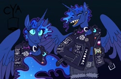 Size: 2092x1364 | Tagged: safe, artist:cyamallo, princess luna, alicorn, insect, moth, anthro, g4, :3, choker, clothes, ear piercing, earring, fishnet stockings, heavy metal, jacket, jewelry, leather, leather jacket, lesbian pride flag, lidded eyes, metal, metalhead, midriff, moon lesbian, moon lesbian pride flag, open mouth, pentagram, piercing, pride, pride flag, punk, sharp teeth, short hair, shorts, smiling, solo, spread wings, tank top, teeth, wings