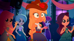 Size: 3410x1920 | Tagged: safe, screencap, applejack, fluttershy, rarity, human, equestria girls, g4, my little pony equestria girls: summertime shorts, raise this roof, :o, bare shoulders, bracelet, cowboy hat, fall formal outfits, female, hairpin, hat, high res, jewelry, open mouth, open smile, sleeveless, smiling, strapless