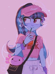 Size: 1536x2048 | Tagged: safe, artist:dreamz, sonata dusk, axolotl, human, equestria girls, g4, bag, belly button, bracelet, clothes, cup, cute, drink, drinking straw, ear piercing, earring, female, hat, jewelry, midriff, pants, piercing, plushie, shirt, soda, solo, sonatabetes, spiked wristband, sweatpants, t-shirt, wristband