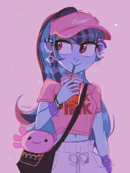 Size: 1536x2048 | Tagged: safe, alternate version, artist:dreamz, sonata dusk, axolotl, human, equestria girls, bag, belly button, bracelet, clothes, cup, cute, drink, drinking straw, ear piercing, earring, female, hat, jewelry, midriff, pants, piercing, plushie, shirt, soda, solo, sonatabetes, spiked wristband, sweatpants, t-shirt, wristband