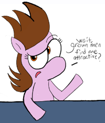 Size: 245x288 | Tagged: safe, artist:supermaster10, edit, oc, oc only, oc:chuckle cake, earth pony, pony, confused, cropped, dialogue, drawn together, female, mare, simple background, text, white background