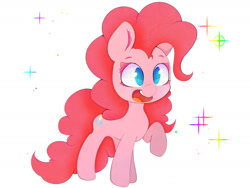 Size: 1280x960 | Tagged: safe, artist:zokkili, pinkie pie, earth pony, pony, g4, colored eyelashes, cute, diapinkes, female, mare, no pupils, open mouth, open smile, raised hoof, simple background, smiling, solo, sparkles, white background