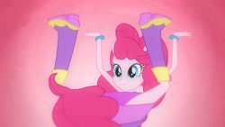 Size: 3410x1920 | Tagged: safe, edit, edited screencap, screencap, pinkie pie, human, equestria girls, g4, my little pony equestria girls, bare shoulders, boots, cute, diapinkes, fall formal outfits, female, pinkie being pinkie, shoes, sleeveless, smiling, solo, strapless, upside down