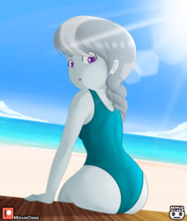 Size: 2976x3507 | Tagged: safe, alternate version, artist:minusclass, silver spoon, human, equestria girls, ass, beach, butt, clothes, crepuscular rays, female, high res, looking back, missing accessory, ocean, one-piece swimsuit, sand, silverbutt, solo, summer, swimsuit, water
