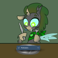 Size: 650x650 | Tagged: safe, artist:toadstool-prancer, oc, oc:tantamount, changeling, tantamount time turner, dexterous hooves, dish, fork, knife, meta, solo, tumblr