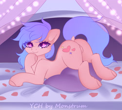 Size: 3300x3000 | Tagged: safe, artist:monstrum, oc, oc only, earth pony, pony, advertisement, ass up, auction, bed, bent over, butt, commission, cute, dock, featureless crotch, high res, looking at you, on bed, pillow, plot, presenting, raised tail, rear view, romantic, rose petals, solo, tail, tail aside, your character here