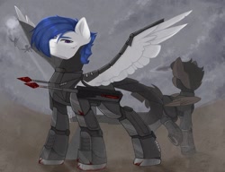 Size: 2560x1969 | Tagged: safe, artist:tttips!, oc, oc only, oc:cinnamon, pegasus, pony, fallout equestria, armor, artificial wings, augmented, blood, blue hair, clothes, cloud, enclave, laser rifle, male, mechanical wing, pegasus oc, powered exoskeleton, purple eyes, short hair, spread wings, stallion, sunshine, uniform