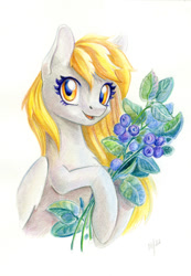 Size: 831x1200 | Tagged: safe, artist:maytee, derpy hooves, pegasus, pony, g4, berry, blueberry, colored pencil drawing, food, simple background, smiling, solo, traditional art, white background