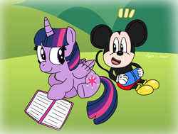 Size: 1280x969 | Tagged: safe, artist:harmonybunny2022, twilight sparkle, alicorn, mouse, pony, g4, book, crossover, disney, friendship, hill, male, meadow, mickey mouse, reading, twilight sparkle (alicorn)