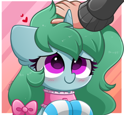 Size: 2800x2600 | Tagged: safe, artist:kittyrosie, oc, oc only, oc:kazumi, human, pony, unicorn, g4, abstract background, blushing, bow, clothes, collar, colored pupils, commission, cute, featured image, floppy ears, hair bow, hand, head pat, high res, hooves together, horn, human on pony petting, looking up, misleading thumbnail, not a penis, ocbetes, offscreen character, offscreen human, pat, petting, smiling, socks, solo focus, striped socks, unicorn oc
