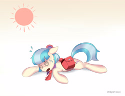 Size: 3424x2648 | Tagged: safe, artist:vinilyart, coco pommel, earth pony, pony, g4, faint, high res, open mouth, solo, summer, sun, sweat, sweatdrops, swirly eyes