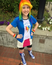 Size: 1080x1350 | Tagged: safe, artist:nedlydeadly cosplay, rainbow dash, human, equestria girls, g4, clothes, converse, cosplay, costume, hand on hip, irl, irl human, kumoricon, multicolored hair, photo, rainbow hair, shoes, solo