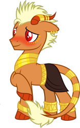 Size: 1381x2213 | Tagged: safe, artist:bnau, oc, oc only, oc:orobas, dracony, dragon, hybrid, anklet, armor, blushing, bracelet, clothes, ear piercing, egyptian, egyptian pony, face paint, gold, horn, horn jewelry, horn ring, horns, jewelry, leonine tail, loincloth, male, piercing, raised hoof, ring, show accurate, simple background, solo, stallion, tail, tail jewelry, tail ring, transparent background, vector
