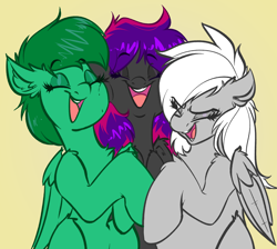 Size: 3752x3368 | Tagged: safe, artist:witchtaunter, oc, oc only, oc:silver edge, oc:slipspace perigee, pegasus, pony, chest fluff, commission, ear fluff, eyes closed, female, folded wings, group, happy, high res, hug, laughing, open mouth, shoulder fluff, simple background, wings