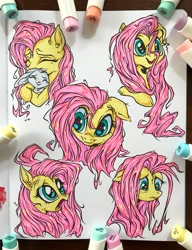 Size: 2956x3849 | Tagged: safe, artist:pixeenmoon, angel bunny, fluttershy, pony, rabbit, g4, animal, bust, eyes closed, female, floppy ears, high res, hug, mare, marker drawing, open mouth, open smile, portrait, sad, shocked, smiling, solo, stray strand, traditional art