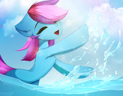 Size: 1280x1006 | Tagged: safe, artist:shavurrr, oc, oc only, oc:nohra, earth pony, pony, bipedal, chest fluff, commission, earth pony oc, eyebrows, eyebrows visible through hair, eyes closed, female, happy, mare, smiling, solo, splashing, water, ych result