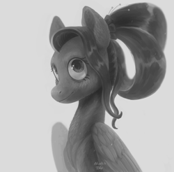 Size: 1920x1889 | Tagged: safe, artist:afialtis, artist:afialtisdragon, fluttershy, pegasus, pony, g4, aside glance, bust, female, grayscale, hair accessory, looking at you, mare, monochrome, older, older fluttershy, partially open wings, smiling, solo, three quarter view, wings