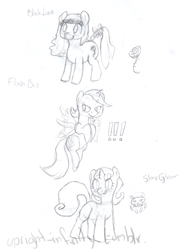 Size: 1280x1727 | Tagged: dead source, safe, artist:eight, oc, oc only, oc:black lace, oc:flash biz, oc:slime gleam, earth pony, pegasus, pony, unicorn, blushing, female, flying, grayscale, lidded eyes, mare, monochrome, open mouth, open smile, smiling, spread wings, tail, tail wrap, traditional art, wings