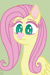 Size: 400x600 | Tagged: safe, artist:cyan7cloud, fluttershy, butterfly, pegasus, pony, g4, :3, blushing, bust, butterfly on nose, cross-eyed, female, folded wings, insect on nose, looking at something, mare, simple background, smiling, solo, three quarter view, wings