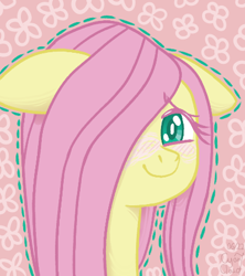 Size: 400x450 | Tagged: safe, artist:cyan7cloud, fluttershy, pegasus, pony, g4, blushing, bust, female, floppy ears, hair over one eye, looking at you, mare, outline, patterned background, portrait, smiling, smiling at you, solo, three quarter view