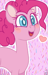 Size: 450x700 | Tagged: safe, artist:cyan7cloud, pinkie pie, earth pony, pony, g4, abstract background, blushing, bust, female, happy, heart, looking at something, mare, open mouth, open smile, outline, smiling, solo, white outline