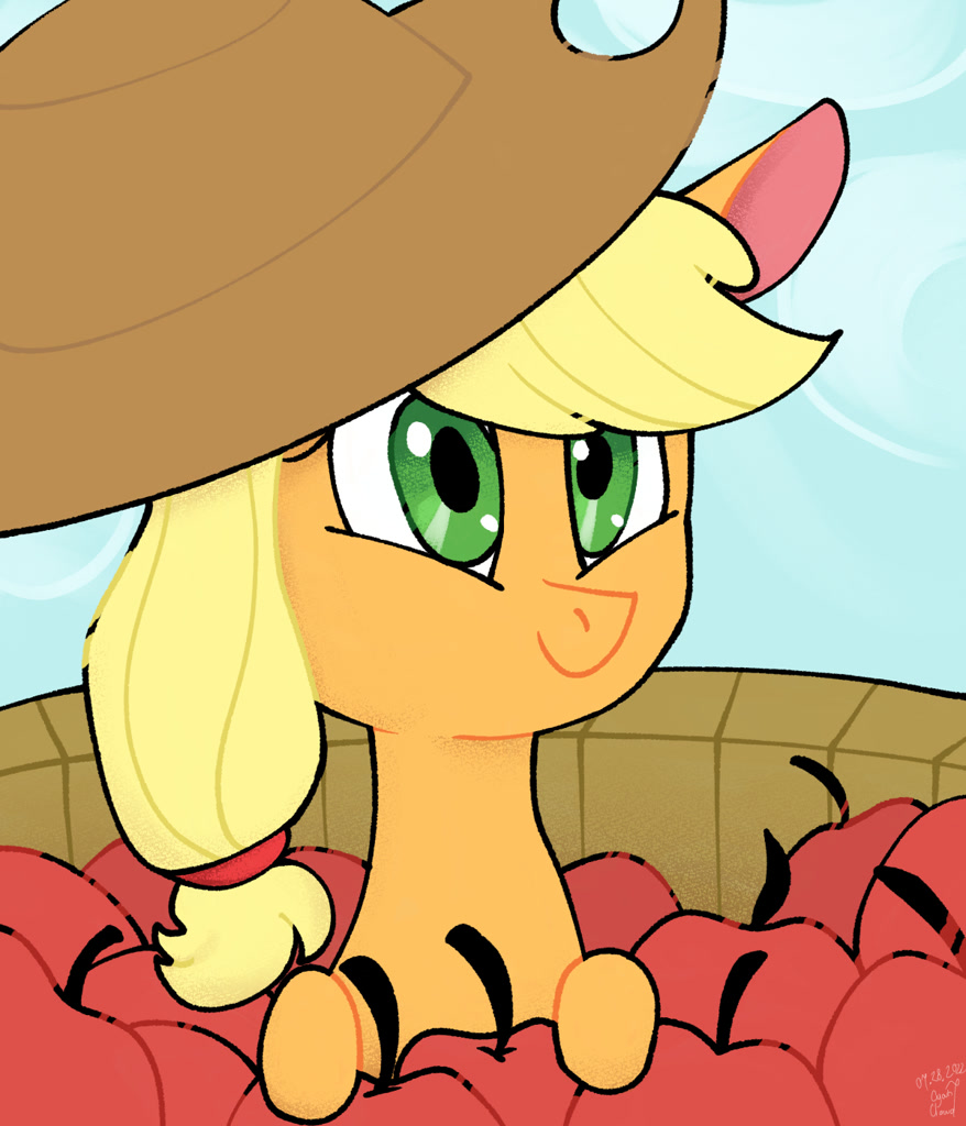 safe, artist:cyan7cloud, applejack, earth pony, pony, apple, basket, bushel...