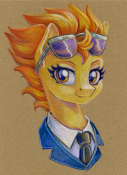 Size: 828x1135 | Tagged: safe, artist:maytee, spitfire, pegasus, pony, g4, bust, clothes, colored pencil drawing, portrait, solo, sunglasses, traditional art