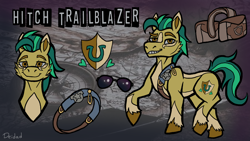 Size: 1920x1080 | Tagged: safe, artist:deidad dissitum, hitch trailblazer, earth pony, pony, g5, my little pony: a new generation, accessory, bags, belt, character design, coat markings, cutie mark, glasses, male, redesign, reference sheet, stallion, unshorn fetlocks