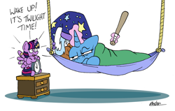 Size: 1024x653 | Tagged: safe, artist:bobthedalek, trixie, twilight sparkle, alicorn, pony, unicorn, g4, alarm clock, annoyed, atg 2022, bandage, bandaged wing, bandaid, baseball bat, bed mane, clock, dialogue, drawer, female, glowing, glowing horn, hammock, hat, horn, imminent violence, inconvenienced trixie, inconvenient twilight, magic, magic aura, mare, newbie artist training grounds, nightcap, not in the mood, telekinesis, this will end in smashing, this will not end well, tired, trixie is not amused, trixie's nightcap, twilight sparkle (alicorn), unamused, wings