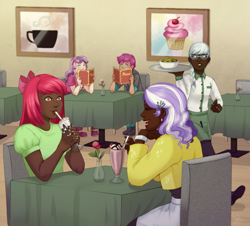 Size: 1059x959 | Tagged: safe, artist:toxiccolour, apple bloom, diamond tiara, scootaloo, silver spoon, sweetie belle, human, g4, apron, boots, bowl, chair, clothes, commission, cutie mark crusaders, dark skin, date, drinking, drinking straw, ear piercing, earring, eyes closed, female, food, glasses, humanized, ice cream, jacket, jewelry, lesbian, menu, milkshake, nail polish, older, older apple bloom, older cmc, older diamond tiara, older scootaloo, older silver spoon, older sweetie belle, open mouth, pants, pen, piercing, salad, ship:diamondbloom, shipping, shirt, shoes, skirt, socks, spying, strawberry, t-shirt, table, tablecloth, tray, waitress, wristband